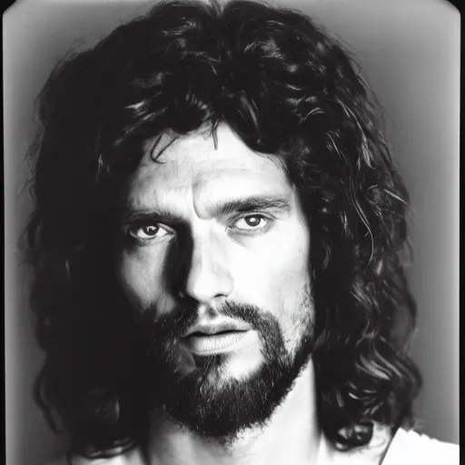 Image similar to Jesus moments after DMT hallucinations began. Close-up studio portrait by Robert Mapplethorpe. Tri-x