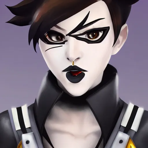 Image similar to digital artwork of tracer from overwatch wearing a black outfit, black lipstick and black eye makeup, 4 k, highly detailed artwork