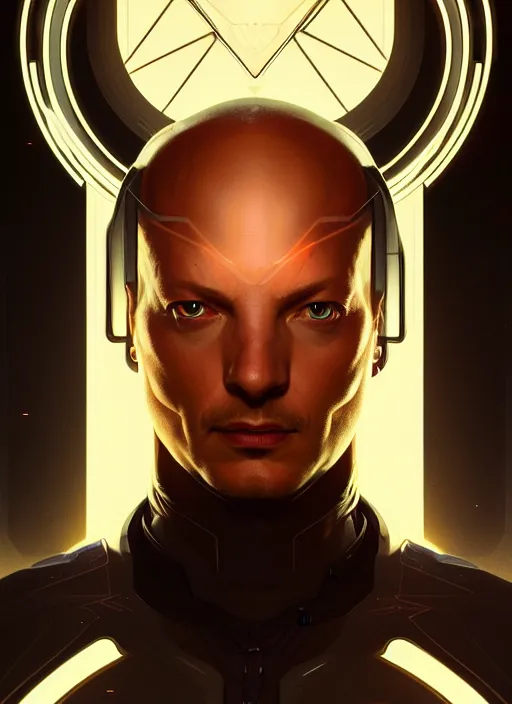 Image similar to symmetry portrait of professor charles xavier, sci - fi, tech wear, glowing lights, intricate, elegant, highly detailed, digital painting, artstation, concept art, smooth, sharp focus, illustration, art by artgerm and greg rutkowski and alphonse mucha