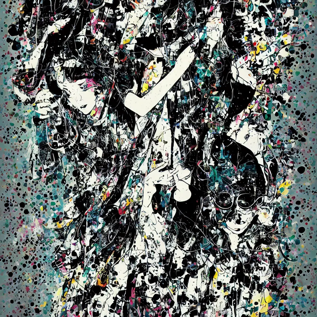 Image similar to girl figure, abstract, jet set radio artwork, ryuta ueda artwork, cryptic, rips, spots, asymmetry, stipple, lines, glitches, color tearing, pitch bending, stripes, dark, ominous, eerie, hearts, minimal, points, otomo katsuhiro artwork, technical, natsumi mukai artwrok, folds