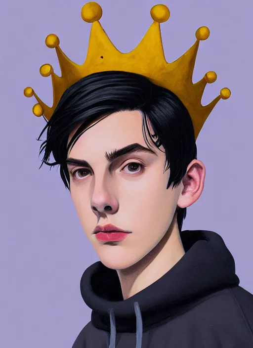 Image similar to portrait of teenage jughead jones wearing a light grey crown, photorealistic, crown, eyes closed, crown, black hair, sweater with letter s on it, letter s, intricate, elegant, glowing lights, highly detailed, digital painting, artstation, concept art, smooth, sharp focus, illustration, art by wlop, mars ravelo and greg rutkowski