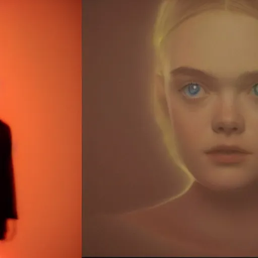 Image similar to silhouette of a Elle Fanning, pitch black room, extremely detailed masterpiece, oil on canvas, low-key neon lighting, artstation, Blade Runner 2049, Roger Deakin’s cinematography, by Whyn Lewis,