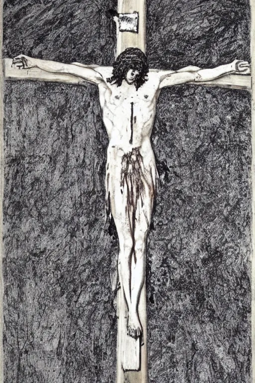 Image similar to bloody christ crucified looking like a big mushroom painted in black and white by cy twombly and andy warhol