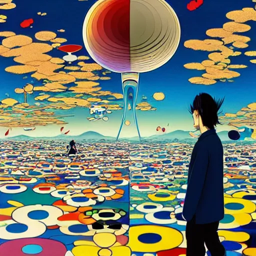 Image similar to a man walking on clouds away from the camera above kyoto by takashi murakami, beeple and james jean, aya takano color style, 4 k, super detailed, modern, 4 k, symmetrical