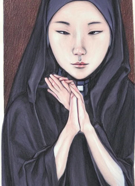 Image similar to a painting of a nun holding her hands together, a color pencil sketch by lu ji, featured on artstation, gothic art, anime aesthetic, art on instagram, gothic