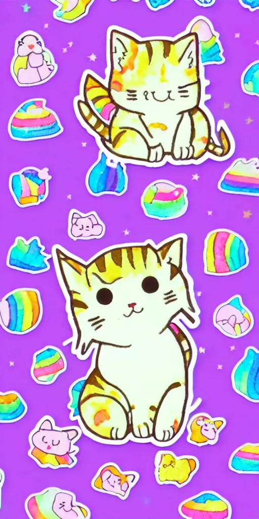 Image similar to a tiny cute kitten sleeping, puffy sticker, glitter sticker, kawaii by studio ghibli, by lisa frank 8 k pastel colours, isometric, smeared watercolours,