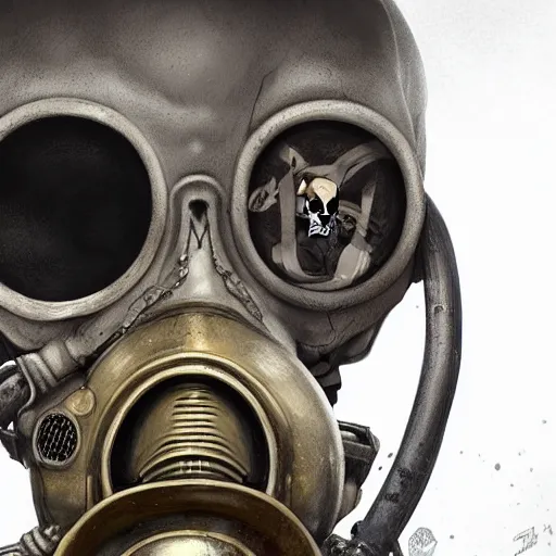 Image similar to a portrait painting of a skull wearing a gasmask, digital painting, hyper realistic, very detailed, in the style of greg rutkowski,