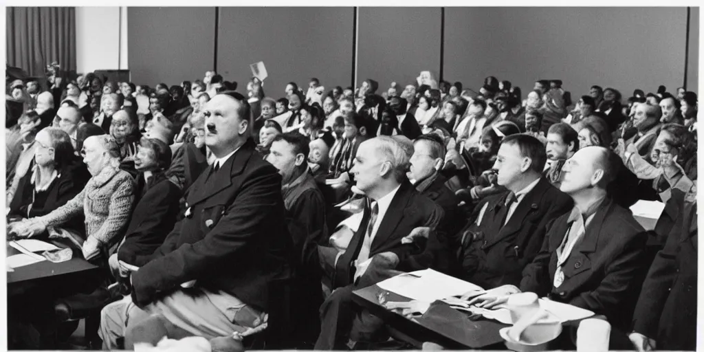 Prompt: “Hitler in Diversity, Inclusion and Equity training, 35mm film still”