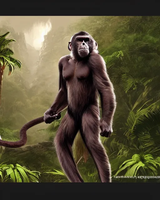 Image similar to fury art, an anthro ape monkey wearing a large cape and a fantasy armor, jungle background, 3 d, 8 k, extremely detailed, trending on furaffinity, trending on artstation, award winning, sharp focus, illustration