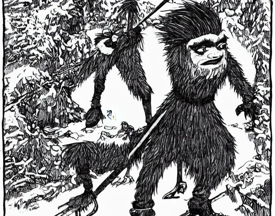 Prompt: book illustration of an ice skating troll, book illustration, monochromatic, white background, black and white image