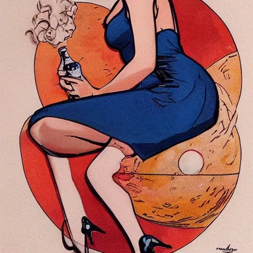 Image similar to a pin up sitting on a stylized moon, by milo manara