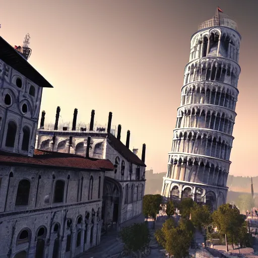 Prompt: city landscape of the leaning towers of pisa, digital art unreal engine 4 k 8 k ultrahd tsutomu nihei