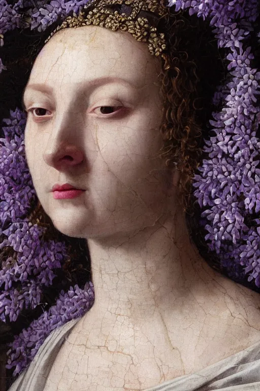 Prompt: hyperrealism close - up mythological portrait of an exquisite medieval woman's shattered face partially made of lilac flowers in style of classicism, wearing white silk robe, dark palette