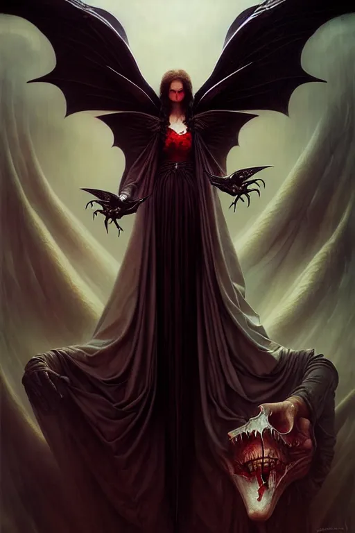 Prompt: winged vampire with a beautiful face by anna podedworna, ayami kojima, greg rutkowski, giger, maxim verehin