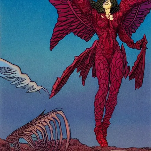 Image similar to a girl riding a winged demon flies over hell art by moebius