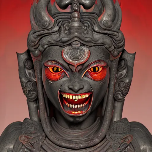 Image similar to naraka buddhist demon korean female, highly detailed, symmetrical long head, red blood eyes, smooth marble surfaces, detailed ink illustration, raiden metal gear, cinematic smooth stone, deep aesthetic, concept art, post process, 4 k, carved marble texture and silk cloth, latex skin, highly ornate intricate details, in the style of 8 8 grzes