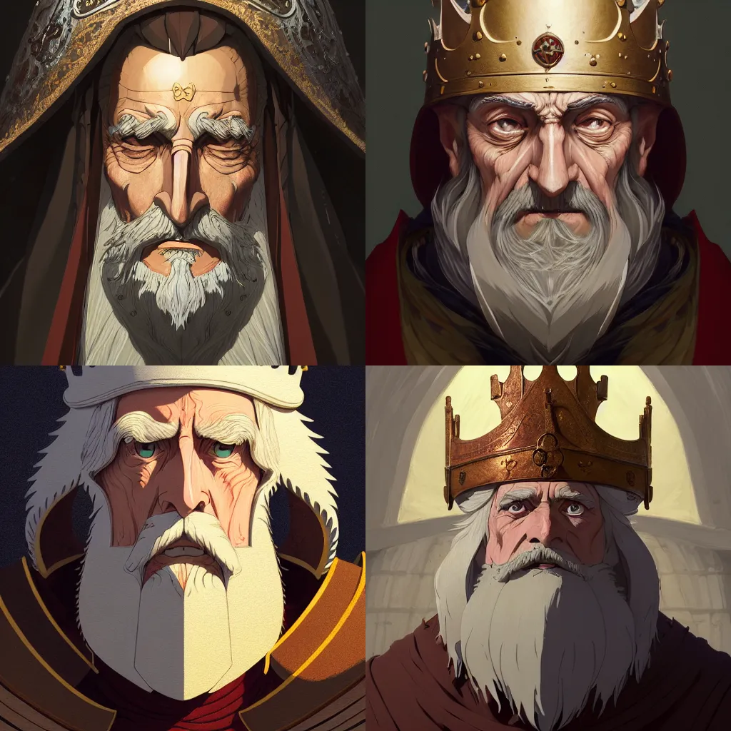 Prompt: portrait of a medieval old king, artstation, elegant, highly detailed, digital painting, concept art, smooth, sharp focus, illustration, art by studio ghibli, makoto shinkai, don bluth, fujita goro, jean giraud, atey ghailan, akihiko yoshida, tom whalen 8 k