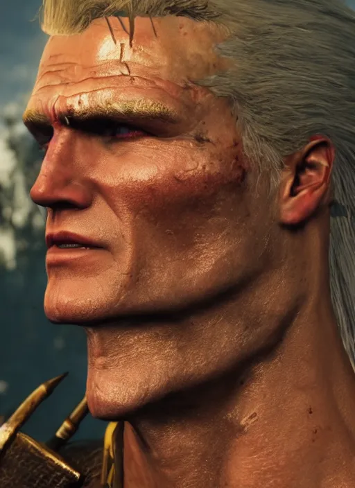 Prompt: Dolph Lundgren in The Witcher 3, gameplay, 8k, HD