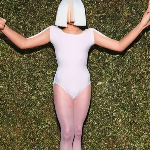 Image similar to sia furler wearing a skin colored leotard full body artistic photoshoot