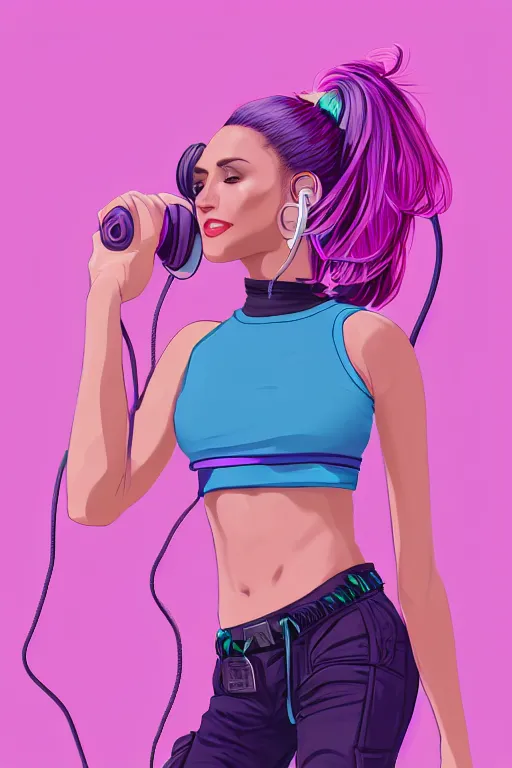 Image similar to a award winning half body portrait of a beautiful woman in a croptop and cargo pants with ombre purple pink teal hairstyle with head in motion and hair flying listenin to music on headphones by wlop, outrun, vaporware, shaded flat illustration, digital art, trending on artstation, highly detailed, fine detail, intricate