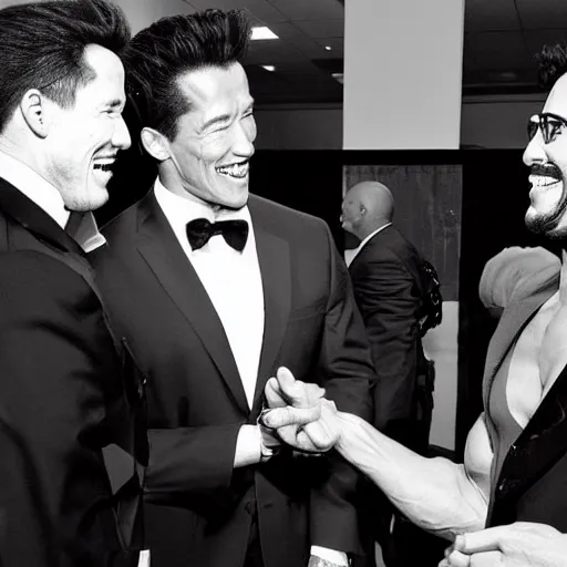 Prompt: old black and white photograph of arnold schwarzenegger meeting markiplier, both laughing, photorealistic