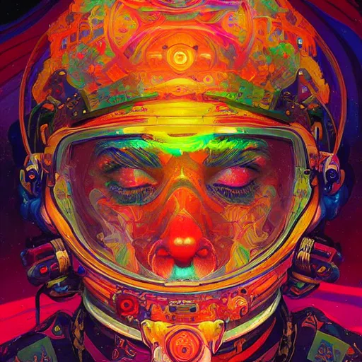 Image similar to An extremely psychedelic experience, colorful, surreal, dramatic lighting, cosmonaut, LSD, face, detailed, intricate, elegant, highly detailed, digital painting, artstation, concept art, smooth, sharp focus, illustration, art by Sam Spratt, Dan Mumford, Artem Demura and Alphonse Mucha