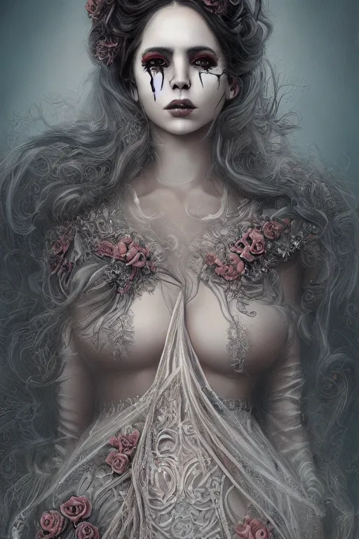 Image similar to ultra realist and ultra intricate detailed soft painting of a beautiful slim but curvy muerte girl in a long dress, thin lustrous hair, symmetry features, sensual gloomy style, soft painting, volumetric clouds, fantasy background, artstation, Tom Bagshaw artstyle, unreal render