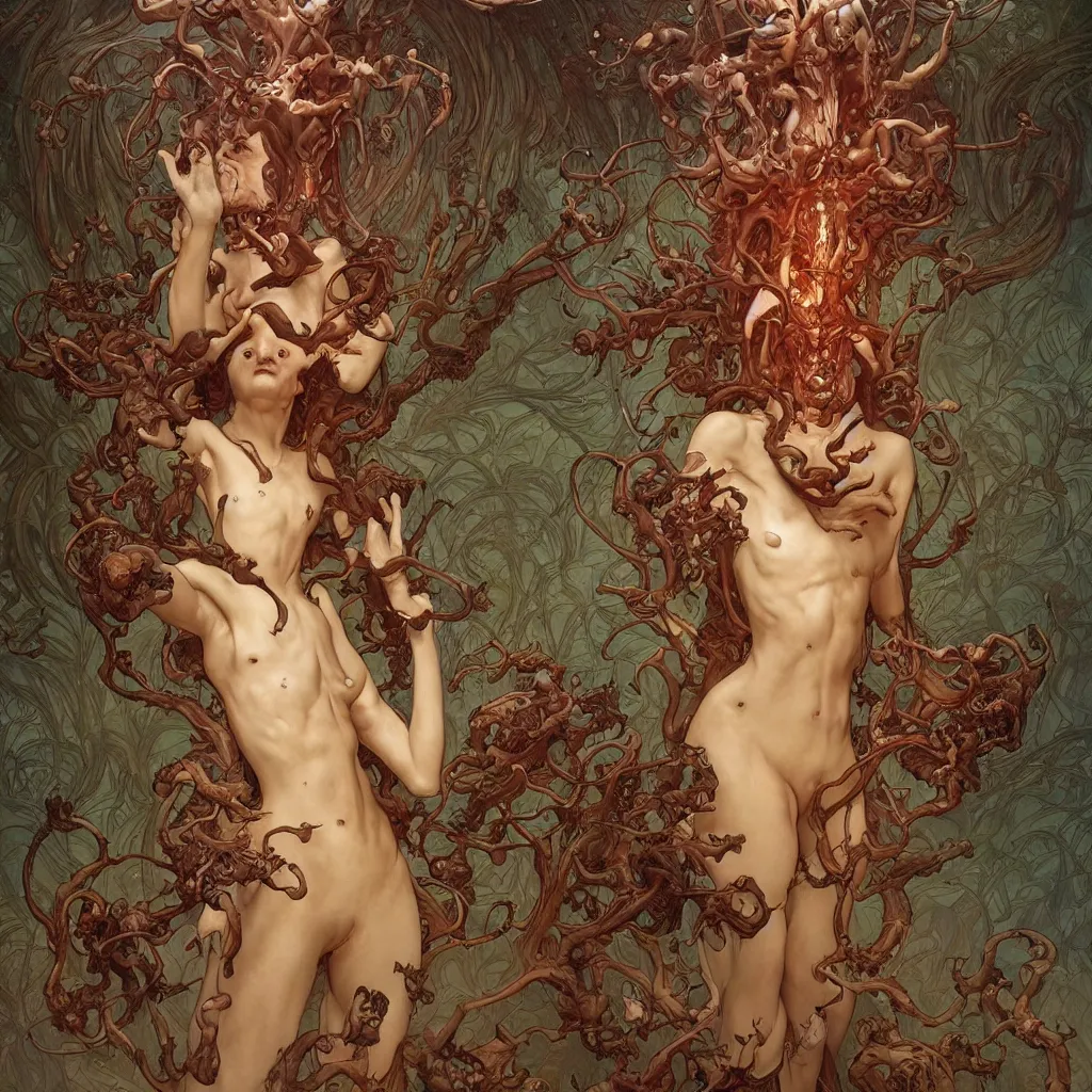 Prompt: epic photorealistic illustration of a nightmare fungus demon god, by james jean, by thomas blackshear, by artgerm and greg rutkowski and alphonse mucha. uhd, amazing depth, cinematic lighting, glossy wet levitating floating fungus god with arms outstretched.