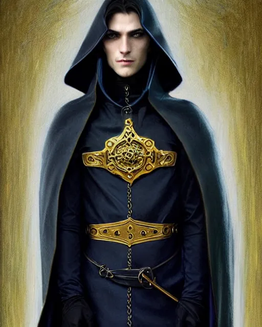 Prompt: handsome mage looking away, long black hair blue eyes wearing leather mantle gothic navy cloak with gold details, castle town, fantasy character portrait, ultra realistic, intricate, elegant, cinematic lighting, highly detailed, digital painting, artstation, smooth, sharp, focus, illustration, art by artgerm and greg rutkowski and alphonse mucha