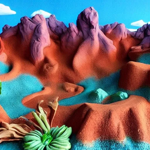 Prompt: This sculpture is simply stunning. It is a beautiful landscape sculpture of a desert scene, with mountains in the background and a bright sky. The colors are so vibrant and the detail is amazing. It is a truly beautiful sculpture. Claymation