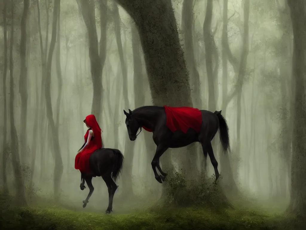 Image similar to a female beauty wearing a red cap rides through a dense green oak and beech forrest on a strong black horse, rays of life, cinematic, fantasy art, moody evening light, foggy, trending on artstation, by esao andrews, by naoto hatori, by tyler jacobson