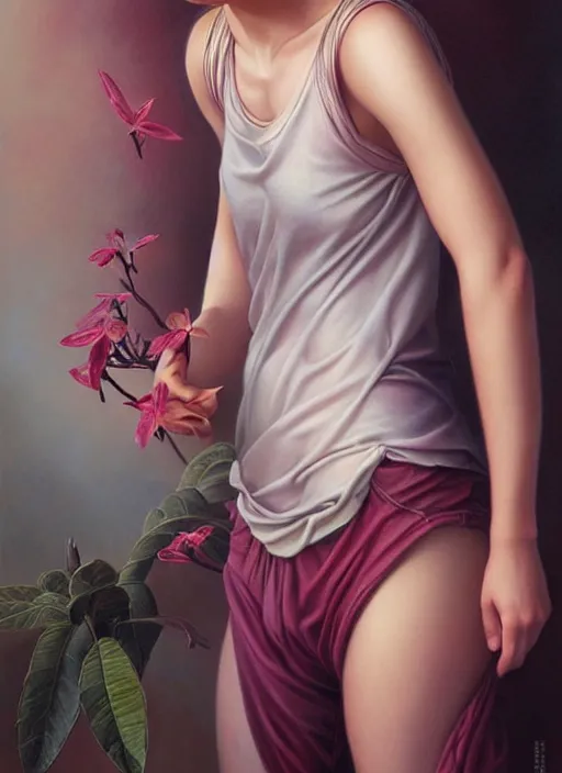 Prompt: a fantasy portrait painting of a beautiful Vietnamese nymph wearing a tanktop and sweatpants, art by Stanley Artgerm, Tom Bagshaw