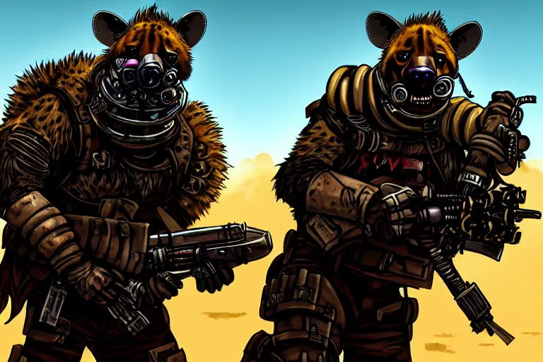 Image similar to a good ol'hyena fursona ( from the furry fandom ), heavily armed and armored facing down armageddon in a dark and gritty version from the makers of mad max : fury road. witness me.