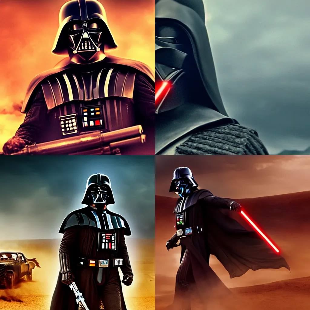 Prompt: film still of Darth Vader in Mad Max Fury Road, 4k wallpaper