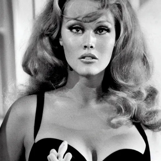 Prompt: Ursula Andress from Dr. No standing on the beach meeting Jane Fonda from Barbarella. Both want to kiss but they don't