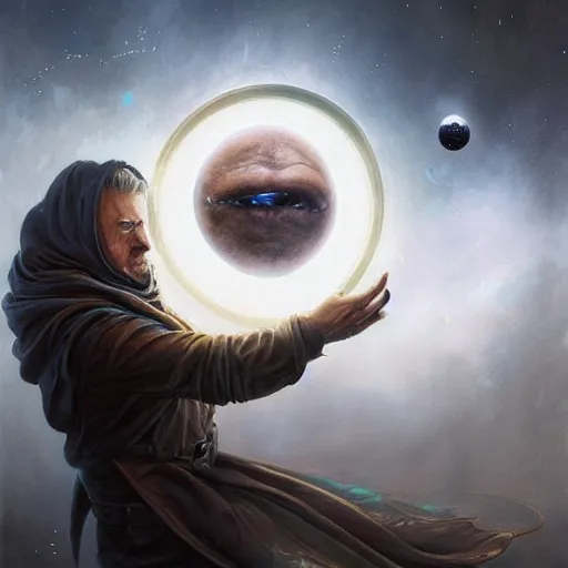 Prompt: rogue male wearing a cloak on an alien world and holding a holographic planet projection in his hand, masked face, detailed, sci - fi, digital painting, artstation, sharp focus, illustration, ominous, artgerm, tomasz alen kopera, peter mohrbacher, donato giancola, joseph christian leyendecker, wlop, frank frazetta