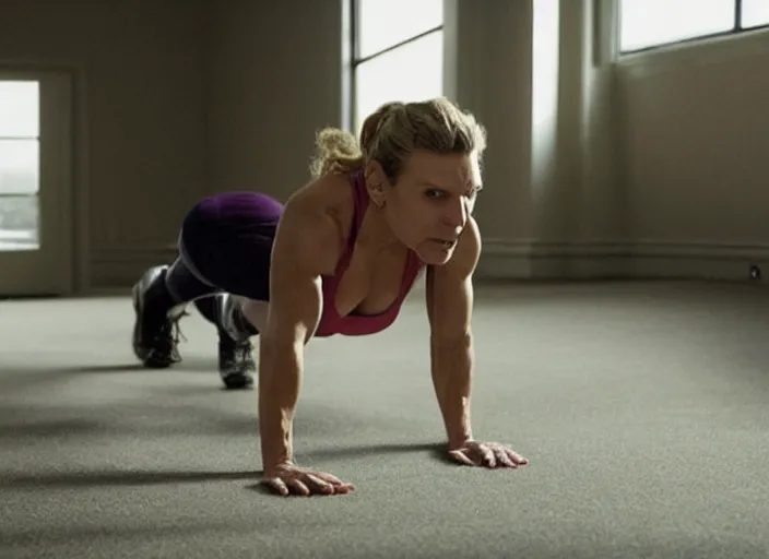 Image similar to very muscular Rhea Seehorn doing push-ups, movie still, realistic, close up, shot by Vince Gilligan, photorealistic