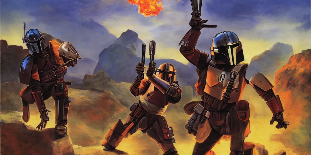 Prompt: 'Mando' Mandalorian dance portrait on a rocky outcrop with a small bonfire next to their spacer transport, refined, dignified, by rembrandt, by don bluth, bright natural light, saturated colors