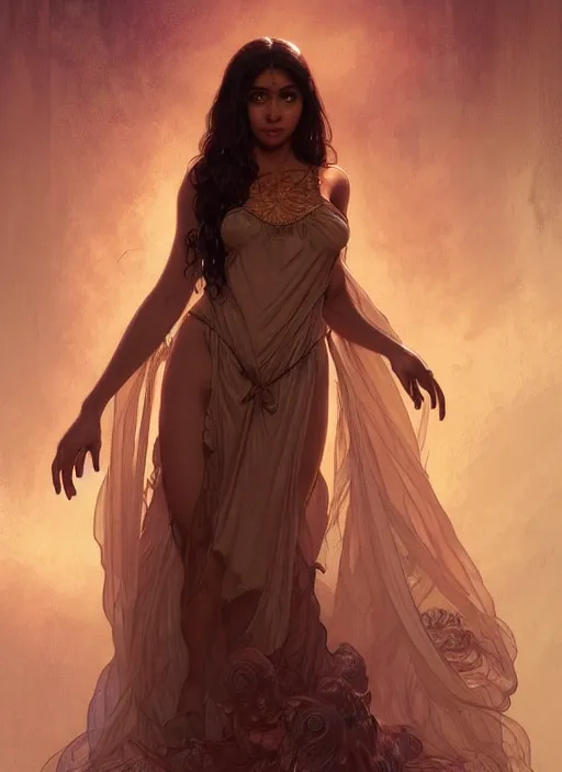 Image similar to cute brown woman wearing a transparent night gown, fantasy, intricate, highly detailed, digital painting, artstation, concept art, wallpaper, smooth, sharp focus, illustration, art by artgerm and greg rutkowski and alphonse mucha