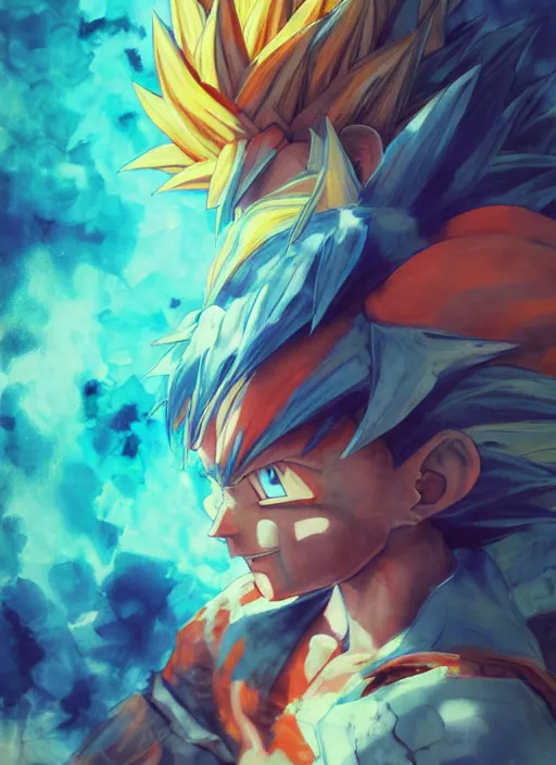 Image similar to semi reallistic gouache gesture painting, by yoshitaka amano, by ruan jia, by Conrad roset, by dofus online artists, detailed anime 3d render of goku KID super Saiyan, young goku blond,crono, Dragon Quest, crono, goku, portrait, cgsociety, artstation, rococo mechanical, Digital reality, sf5 ink style, dieselpunk atmosphere, gesture drawn