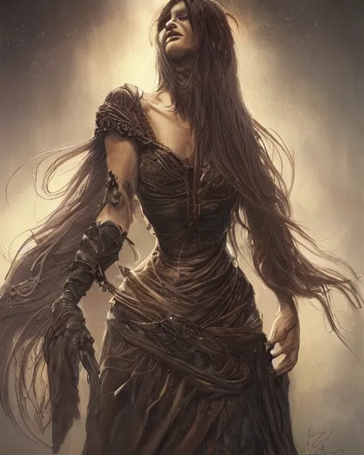 Prompt: fantasy art, unsplash, deviantart, close up portrait of a ruggedly female witch, soft hair, half body, leather, d & d, fantasy, intricate, elegant, highly detailed, digital painting, artstation, concept art, smooth, sharp focus, illustration, art by artgerm and greg rutkowski and alphonse mucha