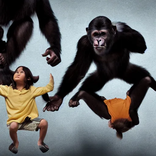 Prompt: a family of apes riding on the back of a giant human hand in front of a white background