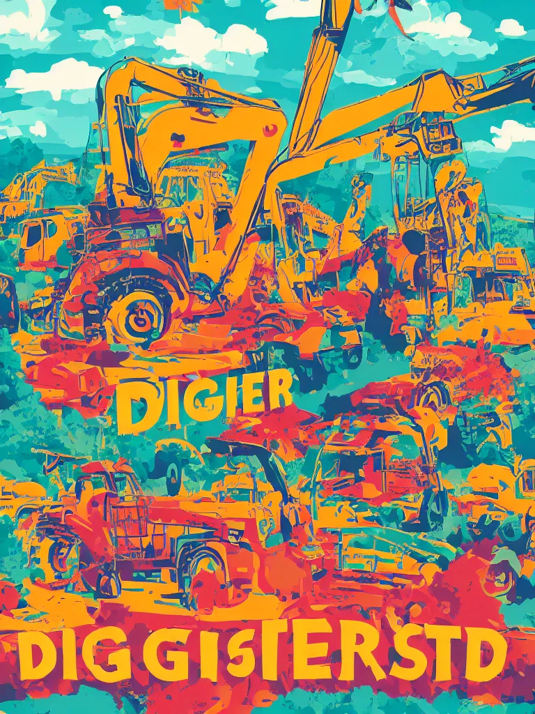 Prompt: poster for a summer festival called diggerfest in the united kingdom, digger land, really good vibes, colorful, construction, friends, center of focus, rule of thirds, trendy, gen z