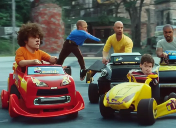 Prompt: peter dinklage racing patrick ewing driving a little tikes cars, movie still, from the new fast and furious movie, 8 k, realistic