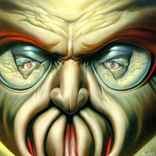 Prompt: very closeup face, big eyes, angry old man, surrealism, painting by boris vallejo and michael whelan