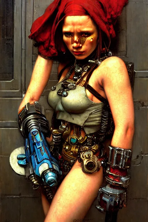 Image similar to full character portrait max mad cyberpunk warhammer 4 0 k, barbarian tech priest supersoldier not the girl with the pearl earring character design, painting by gaston bussiere, katsuya terada, nc wyeth, greg rutkowski, craig mullins, vermeer, frank frazetta, mucha, tom of finland, trending on artstation, jeffery catherine jones