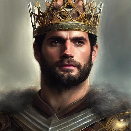 Prompt: henry cavill wearing a kings crown as a realistic fantasy d & d character, closeup portrait art by donato giancola and greg rutkowski, realistic face, digital art, trending on artstation