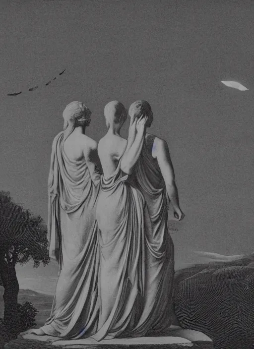 Image similar to three silhouettes of ancient greek goddesses observing an eclipse at dusk, painted by caspar david friedrich with high toner xerox halftones