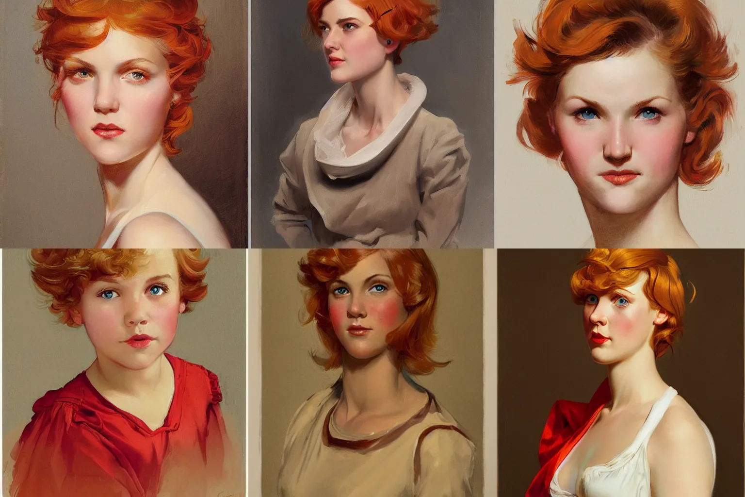 Prompt: a portrait of a girl with short orange blond hair and brown eyes with a red color scheme. By Geoffroy Thoorens and JC Leyendecker.