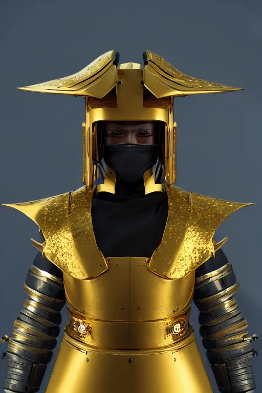 Image similar to hyperrealistic cyberpunk samurai character, gold warrior helmet, gold armour, ultradetailed, volumetric lighting, depth of field, 4k UHD.